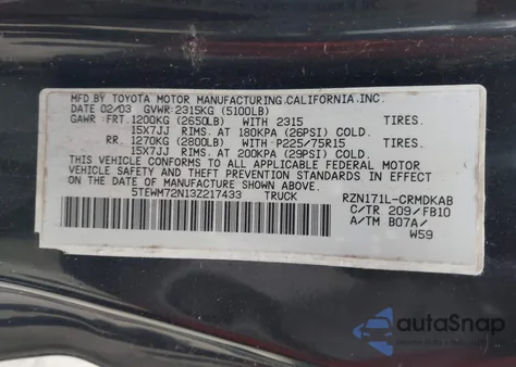 2003 Toyota Tacoma Xtracab из США, поврежденный, VIN 5TEWM72N13Z217433